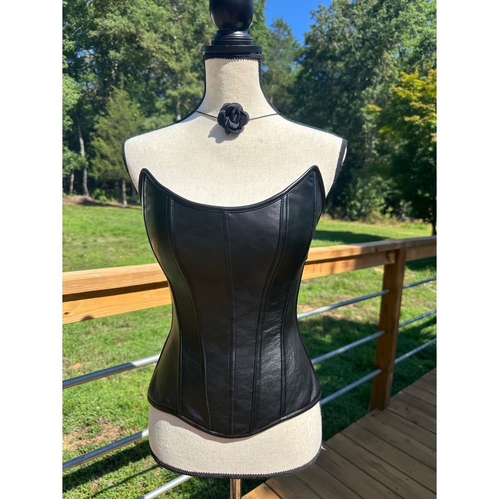 Perfect Corset Black Faux Leather Boned Bustier Top Size Small Witchy Goth Punk